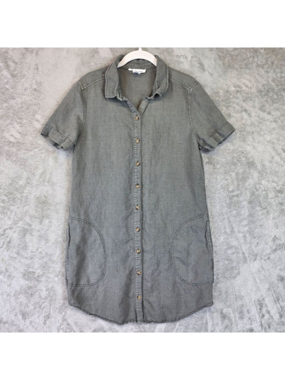 Lucky Brand Shirt Dress Womens M Green Linen Collared Short Sleeve Pockets